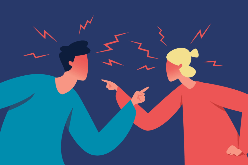 Stel in conflict tijdens ruzie – man en vrouw wijzen boos naar elkaar – symbool voor slechte communicatie in relaties.